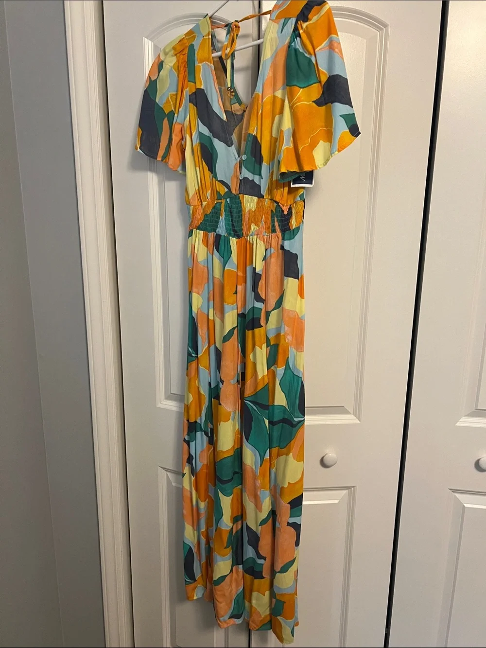 Colorful Abstract Maxi Dress in Yellow, Teal & Coral